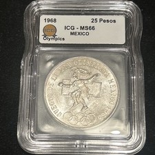 SASA 1968 Mo Mexico 25 Pesos Silver Olympics MS66 ICG picture