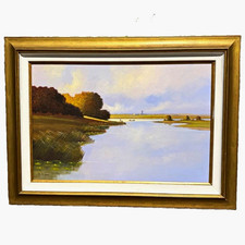Val McGann Original Oil Painting Coastal Marsh Landscape Signed Framed 48x34 picture