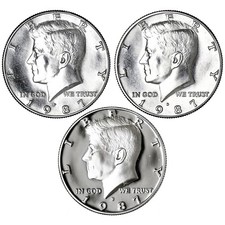 1987 P D S Kennedy Half Dollar Year Set Proof & BU US 3 Coin Lot picture