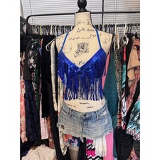 Royal Blue Sequin Fringe Halter Top Festival Rave Cowgirl Mermaidcore OS picture