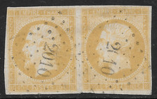 FRANCE SCOTT 14a USED PAIR FINE - 1853 10c YELLOW/YELSH ISSUE - NAPOLEON III picture