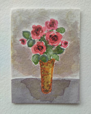 ACEO Original Watercolor Painting MONDAY'S ROSES IN VASE Miniature Art Card OOAK picture