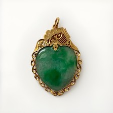 Vintage Old Chinese Green Jadeite 18K Solid Gold Headt Carved JADE Pendant picture