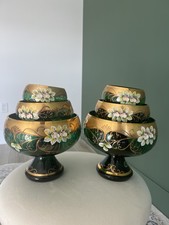 Vintage Czech Bohemian Glass 6 Pc Set Emerald Green Heavy Gold Raised Enamel picture