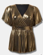 Torrid Women's Plus 2X Gold Shimmer Blouse Short Sleeve Peplum Metallic NWT picture