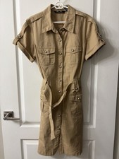 Sharagano Studio Women’s Tan Shirt Dress 16 Button Front Belted Pockets picture