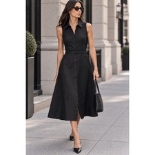 H&M Black 100% Linen Sleeveless Belted Midi Shirt Dress Size 6 90s Minimalist picture