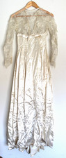 Vintage 1950s 50s Wedding Dress Satin Lace Bow Floor Length Empire Waist XS picture