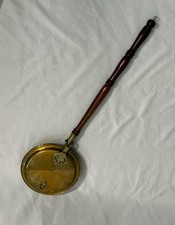 Antique Brass Bed Warming Pan Ornate Floral Hardware Turned Wood Handle 36” picture