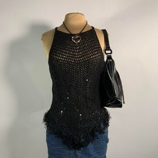 Bebe Crochet Sequin Handkerchief Hem Fringe Halter Top M Going Out VTG 2000s picture
