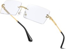 Men's Rimless Vintage Retro Rectangle Gold CLEAR Lens Fashion Hip Hop Glasses picture