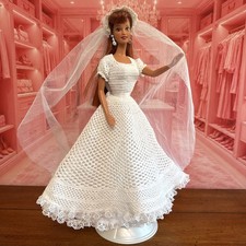 Barbie OOAK Teresa TNT Bride Handmade Crochet Wedding Dress & Veil MALAYSIA 90s picture