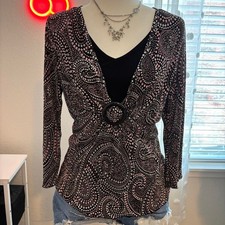 Women's Dressbarn Pink and Black 3/4 Sleeve Blouse with Ring Detail Size L picture