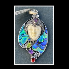 Vintage Sajen Sterling Silver Carved Goddess Abalone Multi-Stone Pendant picture