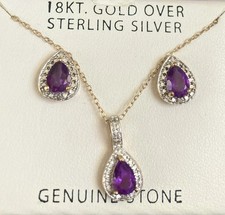 Women’s NWT Macy's Genuine Amethyst & Diamond Halo Jewelry Set 18k Gold over 925 picture