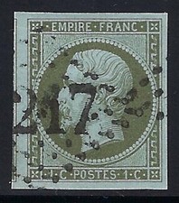 France, 1860, Scott #12, 1c olive green on pale blue, used, 4 margins picture