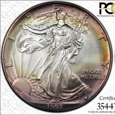 1993 PCGS MS67 Pretty Toned American Silver Eagle .999 ASE 1oz Trueview, Clean picture