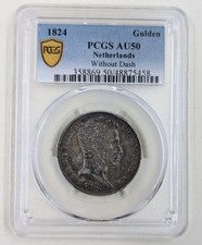 Rare 1824 Netherlands Silver 1 Gulden Without Dash PCGS AU50 KM#55 picture