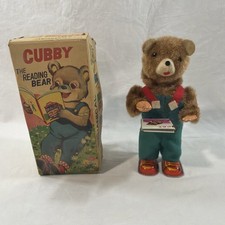 Vintage 1955 Alps Wind-Up Cubby the Reading Bear Japan Working w/ Key & Box B14 picture