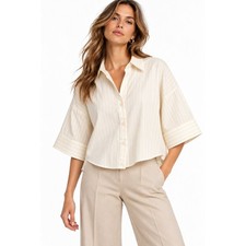 H&M Cream Pinstripe Button Down Oversized Blouse Short Sleeve Small NWT picture