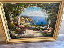Extra Large Oil Painting-Signed Framed-Mediterranean Coastal Village Seascape picture