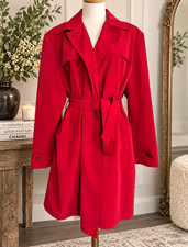 Talbots Women's L Red Belted Trench Coat Mid-Length Pockets Polyester picture