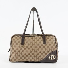 Gucci Bree Boston Bag Medium Beige GG Canvas Leather Used Handbag 09E162310006 picture