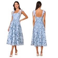 Lulus Proof of Perfection Blue Floral Tiered Tie-Strap Midi Dress size L NWT picture