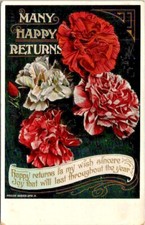 Vintage Postcard Posted 1910 Carnation Flowers ~ Many Happy Returns ~ Ships FREE picture