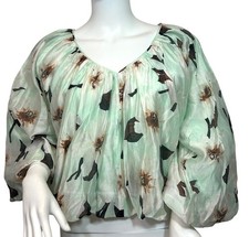 INC International Concepts Bubble Blouse M Mint Floral V-Neck 3/4 Sleeve NWT  picture