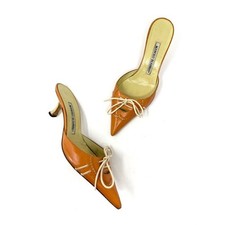 Vintage Manolo Blahnik Orange Pointed Toe Lace Up Bow Mules Kitten Heels 36 6 picture