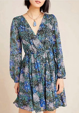 Maeve by Anthropologie Floral Chiffon Smocked V-Neck Mini Dress, S picture
