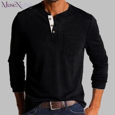 Mens Casual Long Sleeve T-shirt Henley Grandad V Neck Button Solid Tee Shirt Top picture