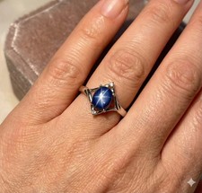 Vintage Style Lindy Blue Star Sapphire Ring –925 Silver Certified Luxury Jewelry picture