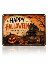 Vintage Halloween Metal Tin Sign Happy Halloween Pumpkin Haunted House picture