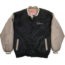 VTG Wilson Bomber Jacket Men L Distressed Varsity Sports Streetwear Black Nylon picture