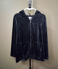 Pure Jill Women’s Petite PM Black Velour Full Zip Hooded Hoodie Pockets Size M picture