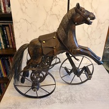 Vintage Wooden Horse Tricycle Pedal Toy Leather Saddle Metal Wheels Folk Art Dec picture