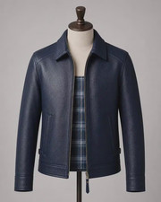 Men's Navy Italian Leather Jacket, Handmade Minimalist Zip Casual Coat picture