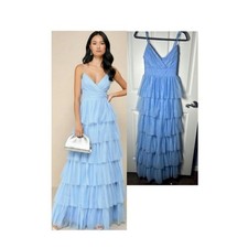 Lulus Light Blue Rule the Runway Tulle Surplice Tiered Maxi Dress Size XS picture