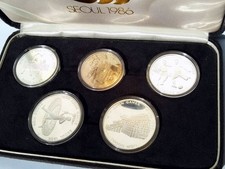 Vtg 1986 Commemorative 10th Asian Games Korean 5 BUC Silver Coins Proof Set 102g picture