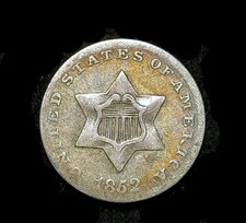 1852 - Three Cent Silver Piece 3c III Cent Old Coin Pictured picture
