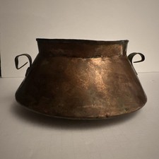 Antique 19thC Hand Hammered Copper Cauldron Pot Dovetailed Brass Cramp Seam 10” picture