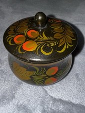 Vintage Russian Khokhloma Jar w/ Lid Hand Painted Lacquer Wooden Berries, Leaves picture