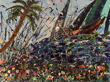Impasto Style Painting Sailboats and Flowers TEXTURED  18x24 picture