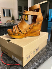 Bed Stu NWT Womens Brown Leather Wedge Sandals Studded Ankle Buckle Strap 6.5 picture