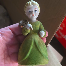 Vintage Japan 1950s Hand Painted Flocked Ceramic Girl Figurine 5in Green picture