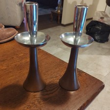 2 MCM Candle Holder Sticks Teak Wood Chrome Uppers 8.5