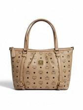 MCM Beige Monogram Canvas Tote with Gold Plaque picture