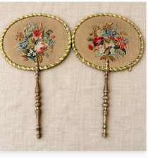 Pair Vintage Floral Needlepoint Fireplace Face Screens Handheld Fans picture
